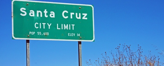 road sign that reads: Santa Cruz City Limit, pop 55,600, elev 14